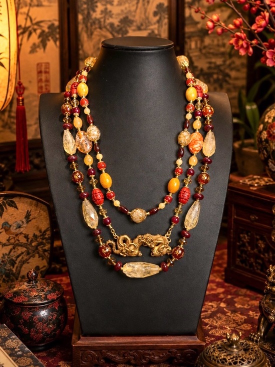 ASD Jewelry - SOLD-ARTISAN Ruby, Citrine & Carnelian Multi-Strand Alva Museum Pendant Necklace
